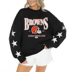 Cleveland Browns Gameday Couture Women's Rhinestone Star Sleeve Settle the Score Oversized Tri-Blend Pullover - Black for sale