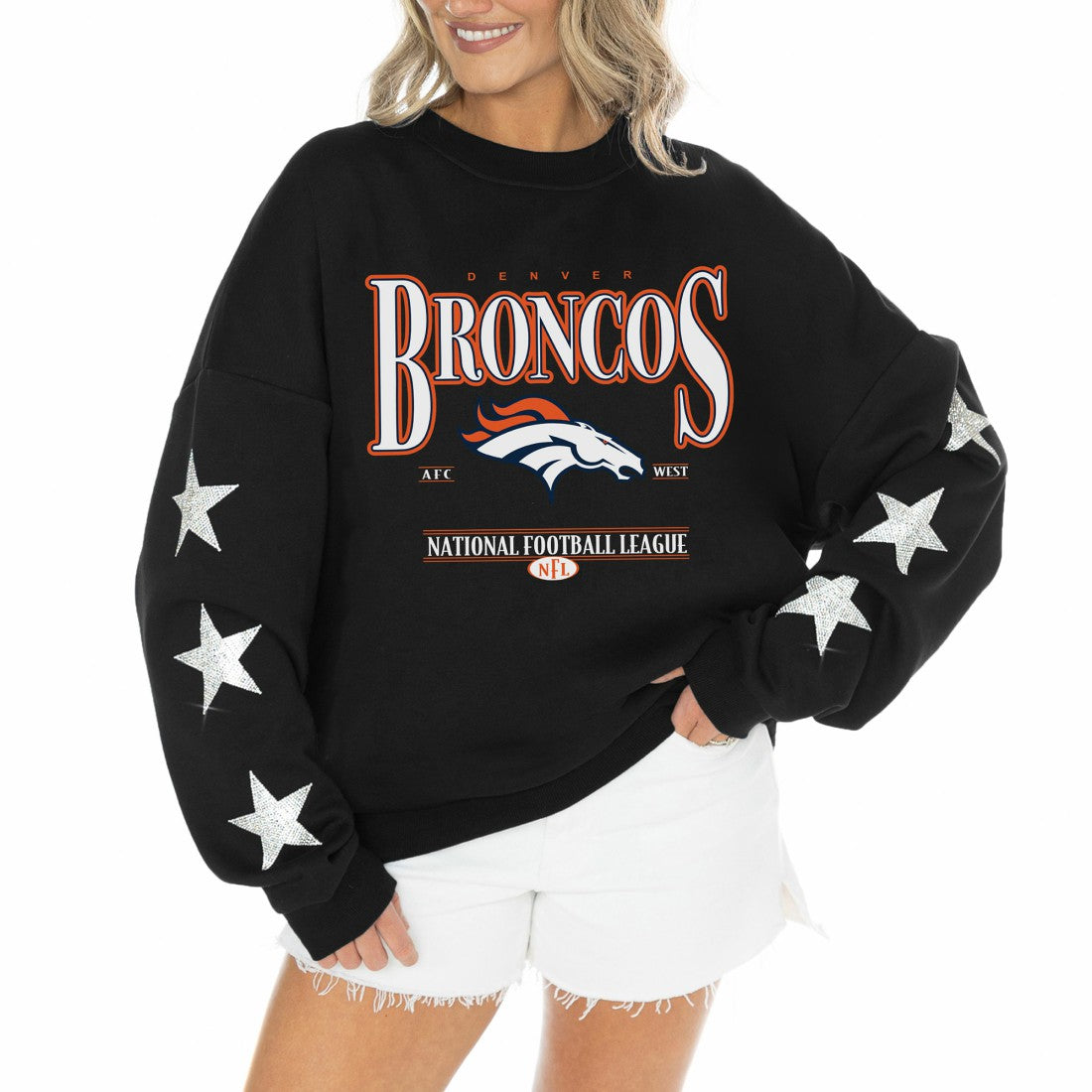 Denver Broncos Gameday Couture Women's Rhinestone Star Sleeve Settle the Score Oversized Tri-Blend Pullover - Black on sale