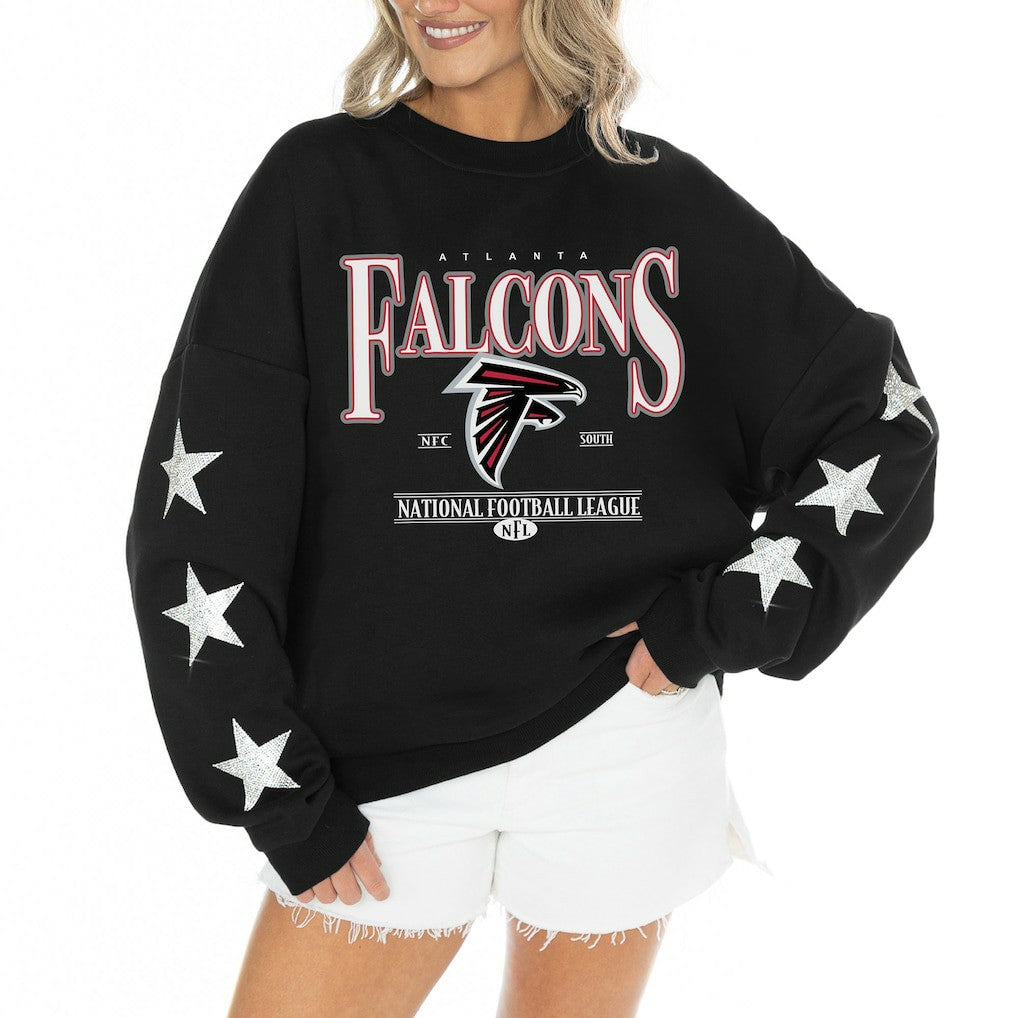 Atlanta Falcons Gameday Couture Women's Rhinestone Star Sleeve Settle the Score Oversized Tri-Blend Pullover - Black sale