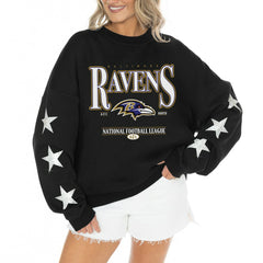 Baltimore Ravens Gameday Couture Women's Rhinestone Star Sleeve Settle the Score Oversized Tri-Blend Pullover - Black for sale