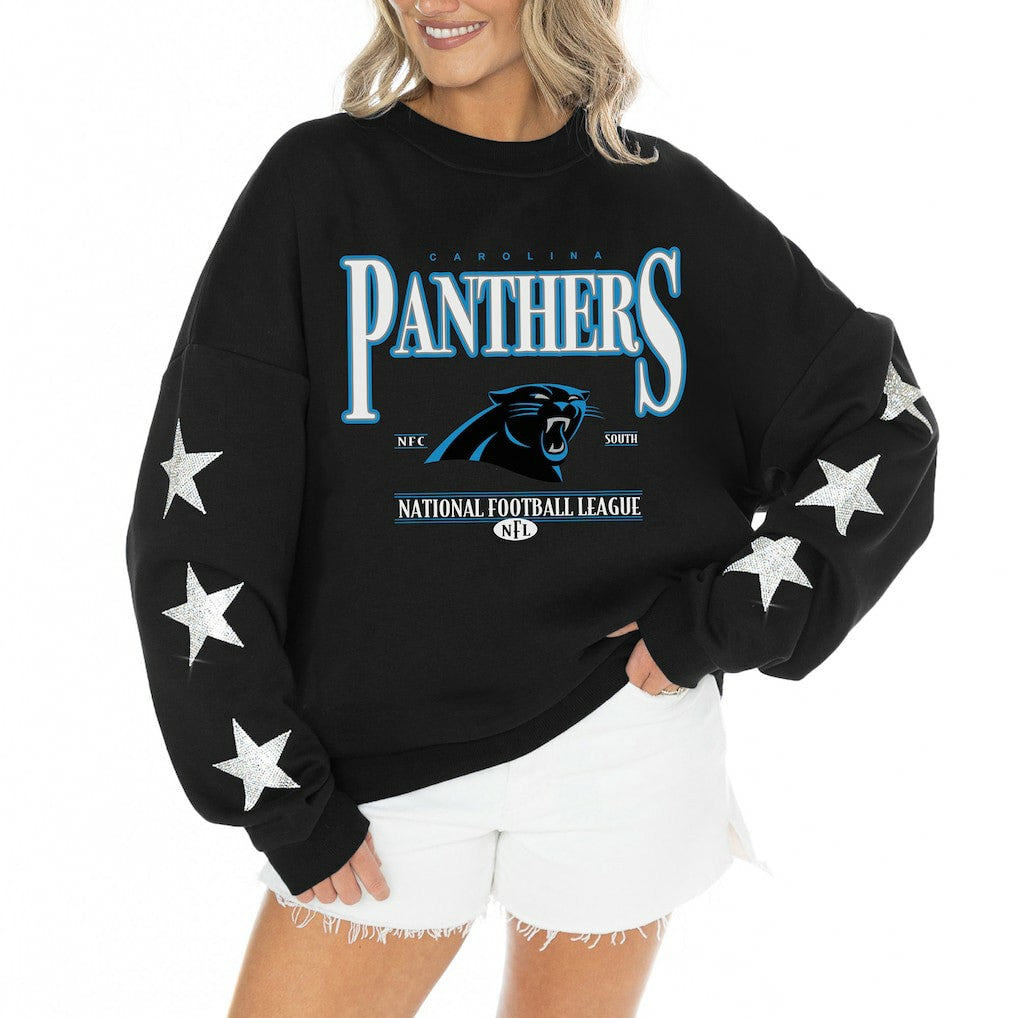 Carolina Panthers Gameday Couture Women's Rhinestone Star Sleeve Settle the Score Oversized Tri-Blend Pullover - Black outlet