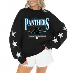 Carolina Panthers Gameday Couture Women's Rhinestone Star Sleeve Settle the Score Oversized Tri-Blend Pullover - Black outlet