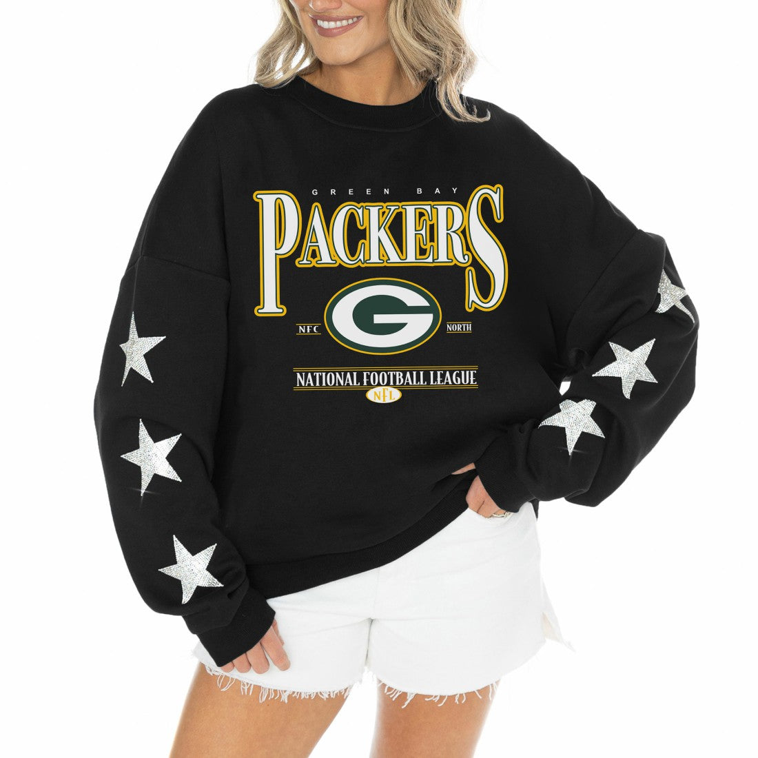 Green Bay Packers Gameday Couture Women's Rhinestone Star Sleeve Settle the Score Oversized Tri-Blend Pullover - Black outlet