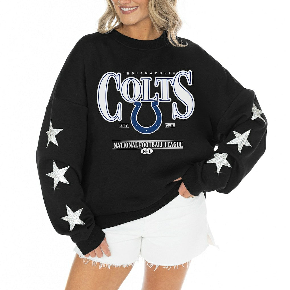 Indianapolis Colts Gameday Couture Women's Rhinestone Star Sleeve Settle the Score Oversized Tri-Blend Pullover - Black sale