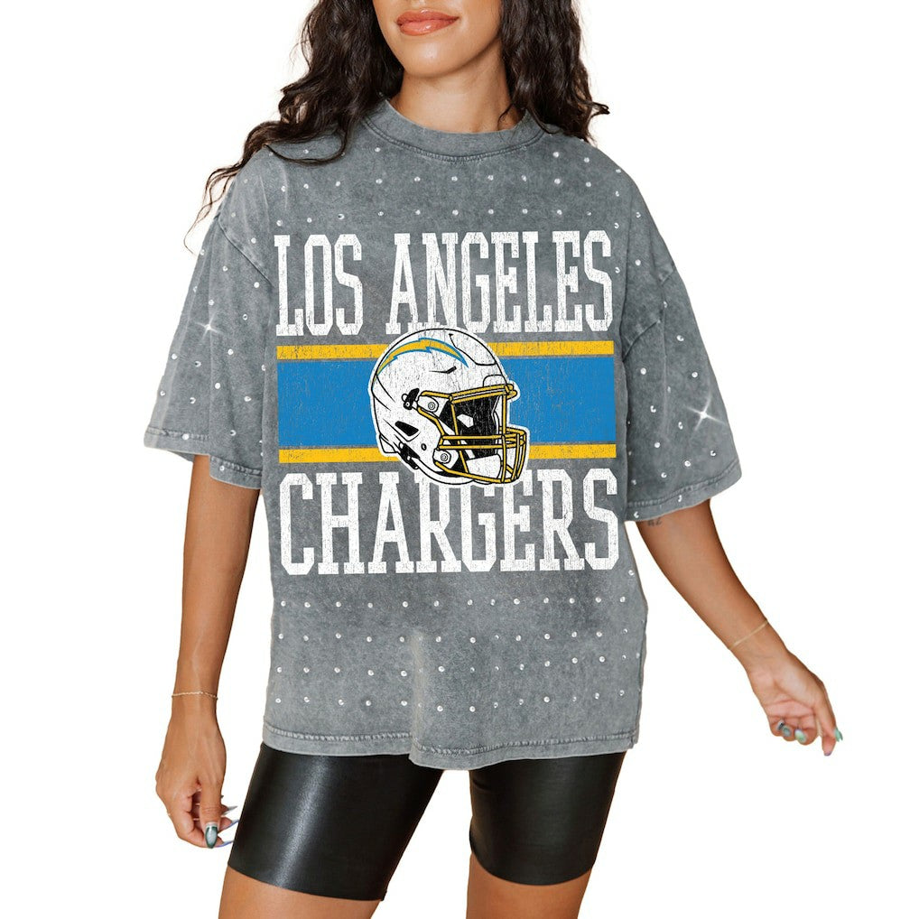 Los Angeles Chargers Gameday Couture Women's Oversized Mini Rhinestone Classic T-Shirt - Gray for sale