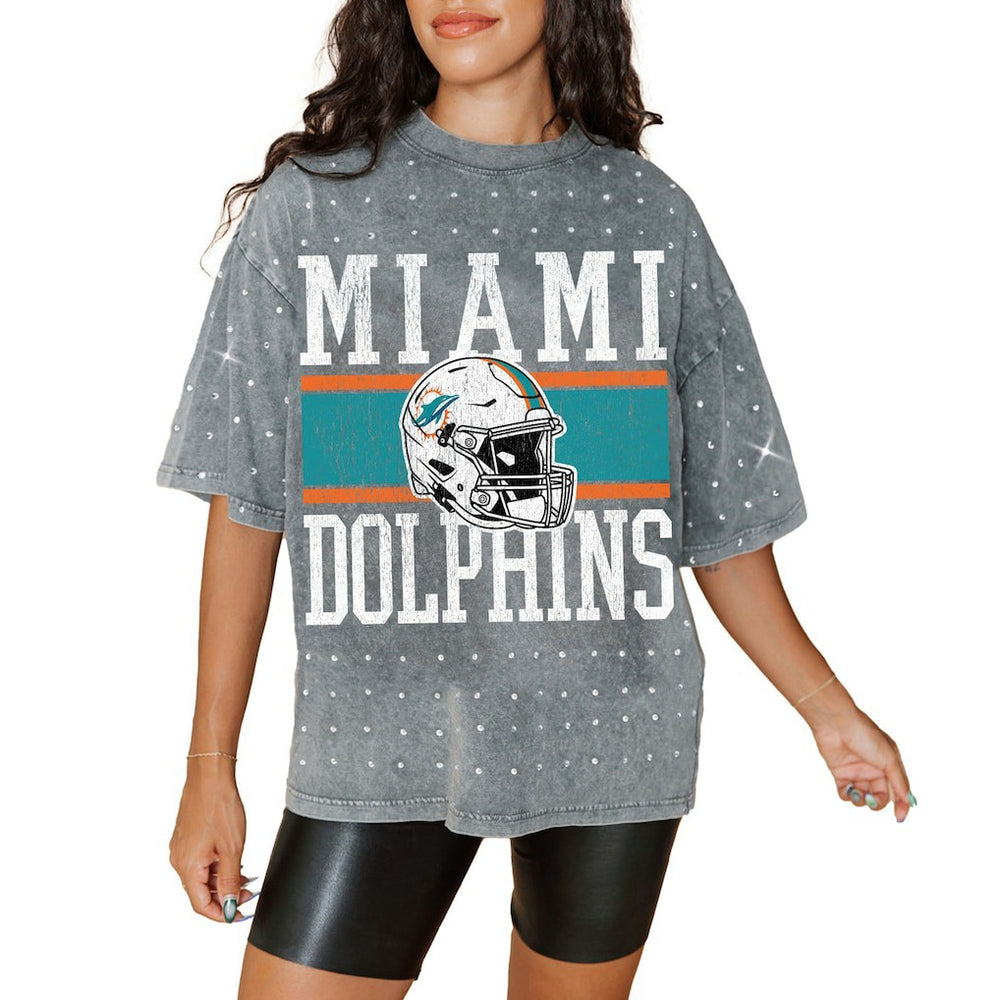 Miami Dolphins Gameday Couture Women's Oversized Mini Rhinestone Classic T-Shirt - Gray cheap