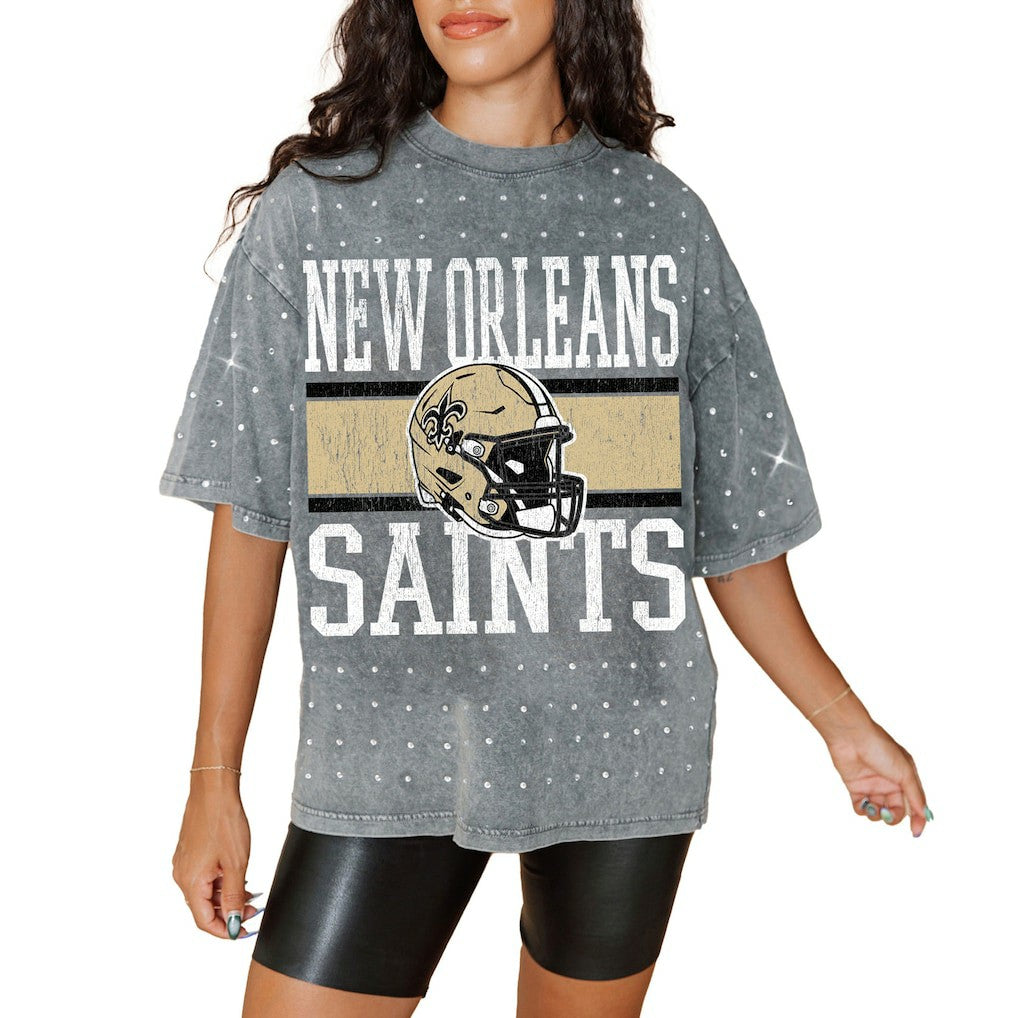 New Orleans Saints Gameday Couture Women's Oversized Mini Rhinestone Classic T-Shirt - Gray online