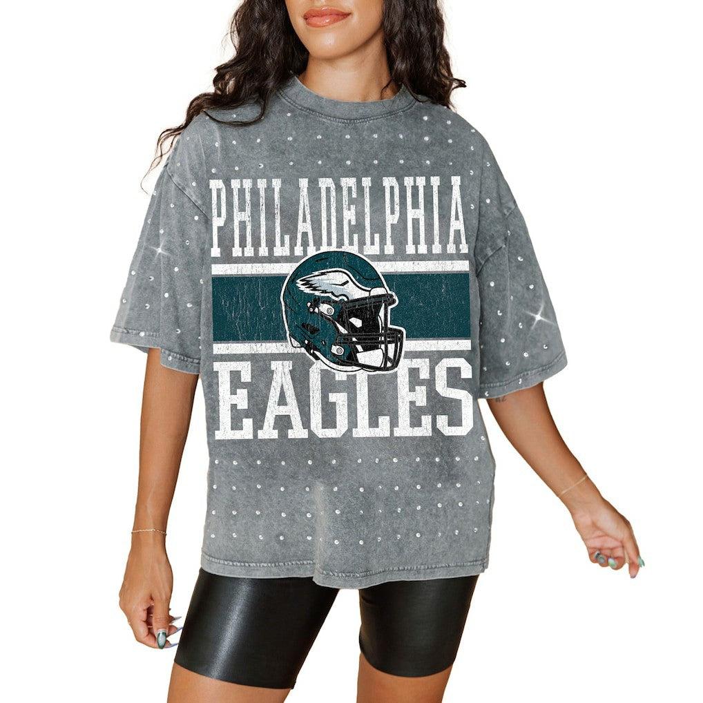 Philadelphia Eagles Gameday Couture Women's Oversized Mini Rhinestone Classic T-Shirt - Gray discount