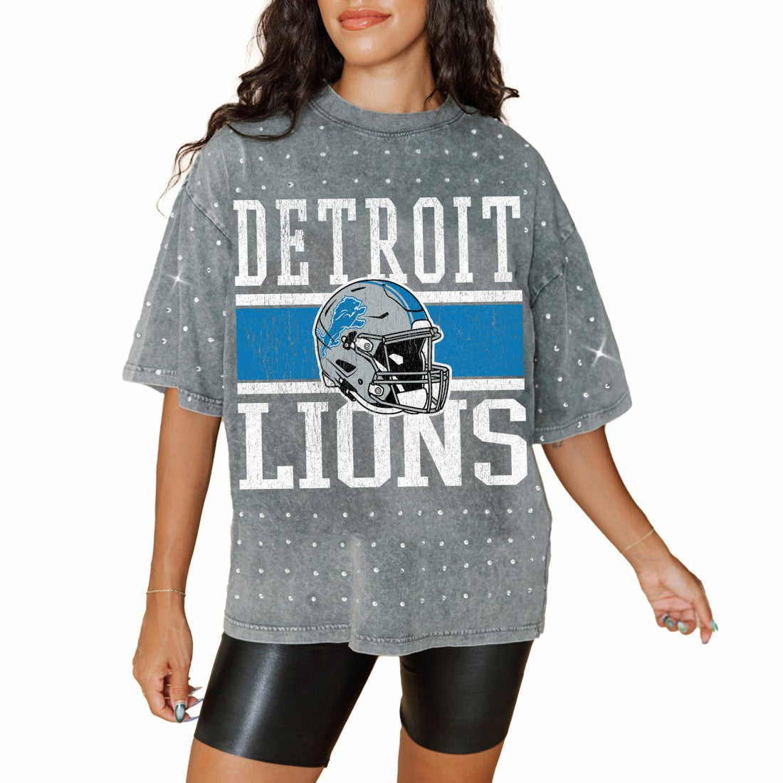 Detroit Lions Gameday Couture Women's Oversized Mini Rhinestone Classic T-Shirt - Gray sale