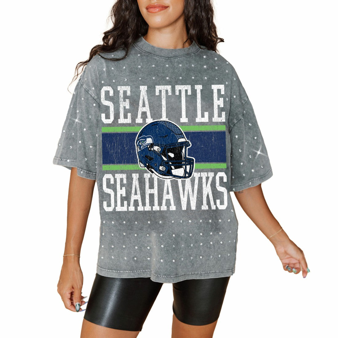 Seattle Seahawks Gameday Couture Women's Oversized Mini Rhinestone Classic T-Shirt - Gray sale