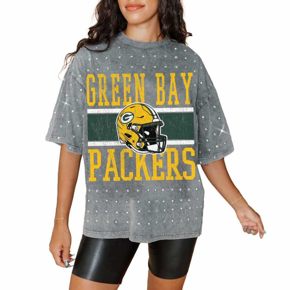 Green Bay Packers Gameday Couture Women's Oversized Mini Rhinestone Classic T-Shirt - Gray on sale