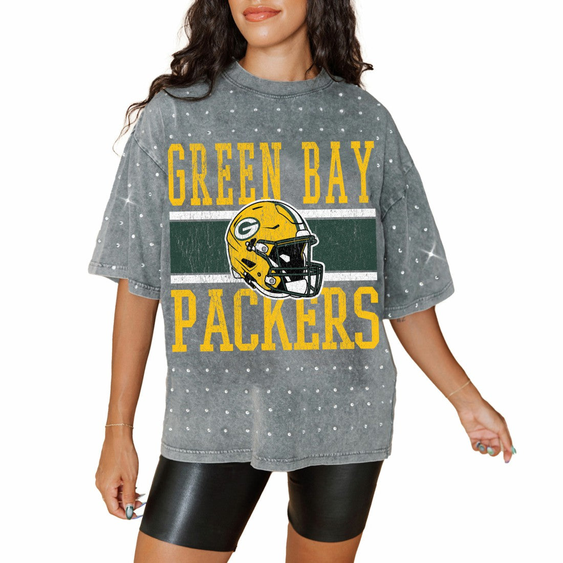 Green Bay Packers Gameday Couture Women's Oversized Mini Rhinestone Classic T-Shirt - Gray on sale