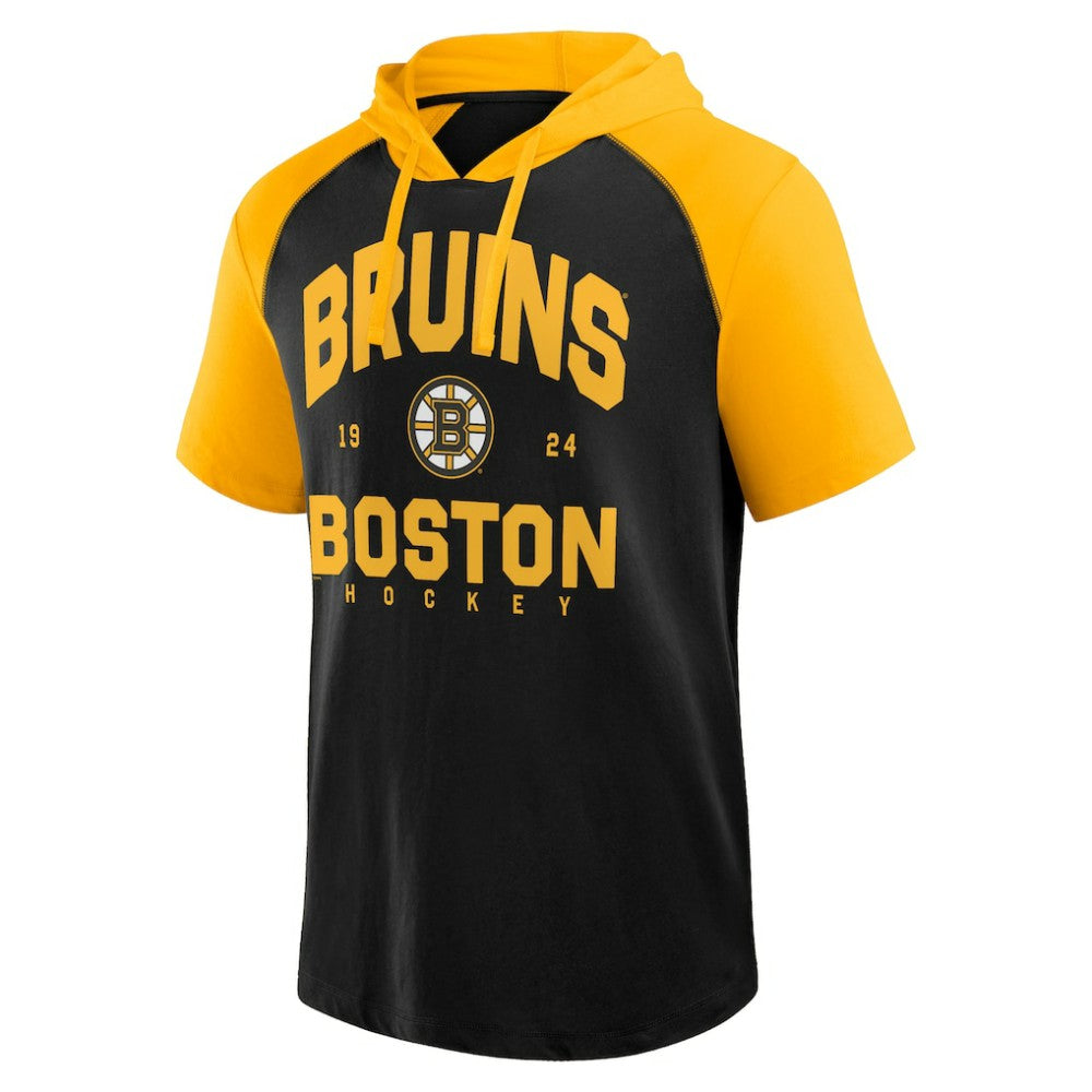 Boston Bruins Logo Athletic Prime Raglan Short Sleeve Pullover Hoodie Black