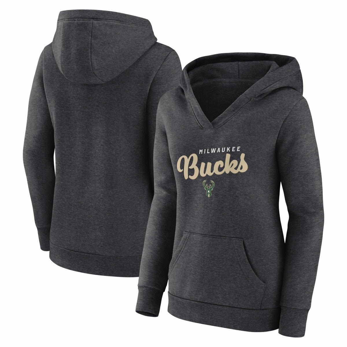 Milwaukee Bucks Logo Athletic Women's Triumphant V-Neck Pullover Hoodie - Heather Charcoal discount