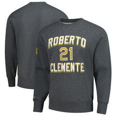 Roberto Clemente Pittsburgh Pirates Legends Collection Vintage Logo Name & Number Fleece Pullover Sweatshirt - Heather Charcoal | Mitchell & Ness