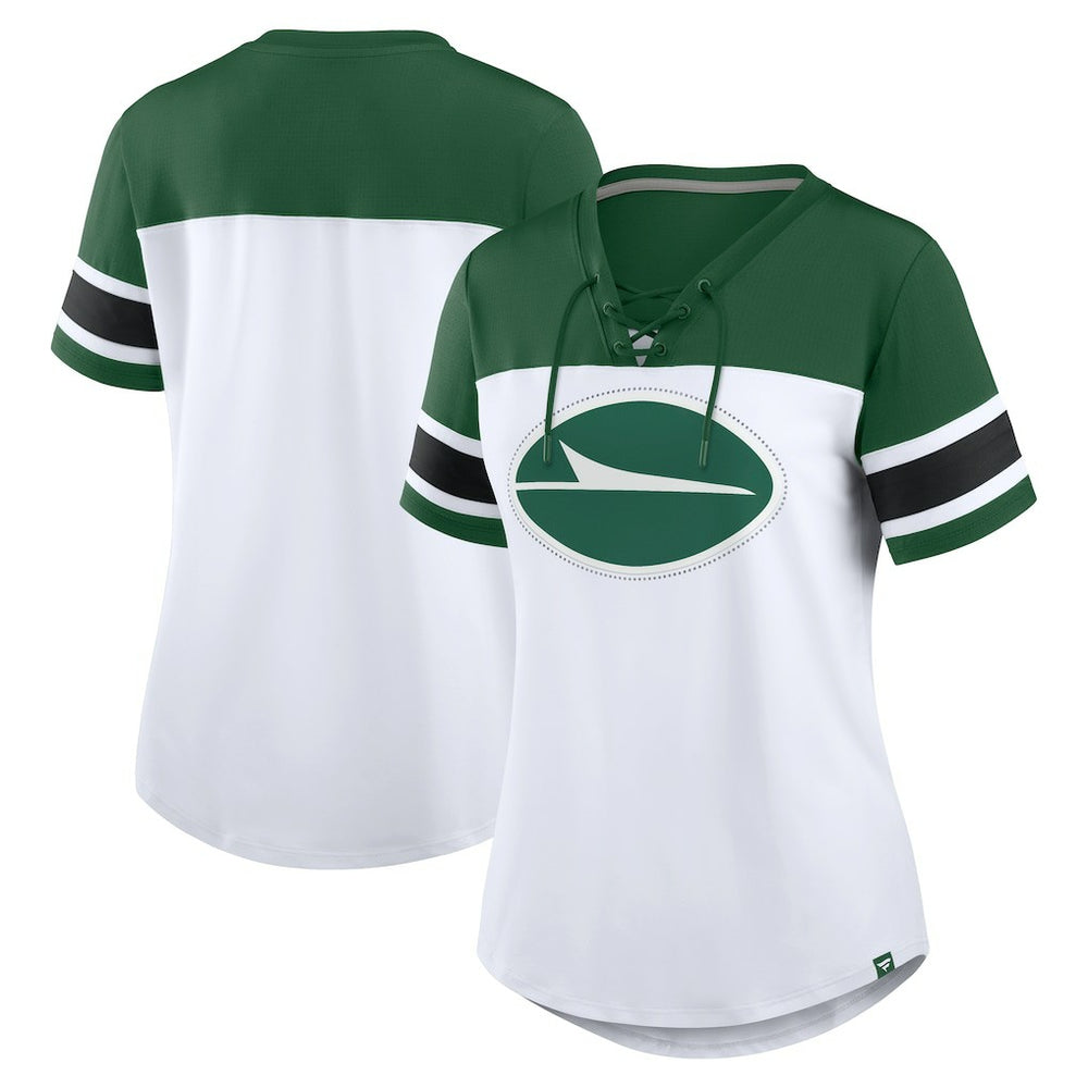 New York Jets Women's Athena Rhinestone Lace-Up V-Neck T-Shirt - White/Green sale