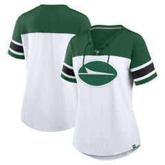 New York Jets Women's Athena Rhinestone Lace-Up V-Neck T-Shirt - White/Green sale