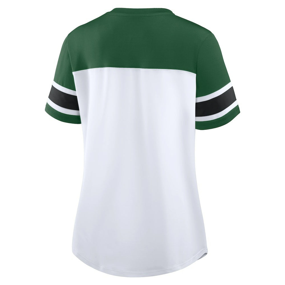 New York Jets Women's Athena Rhinestone Lace-Up V-Neck T-Shirt - White/Green sale