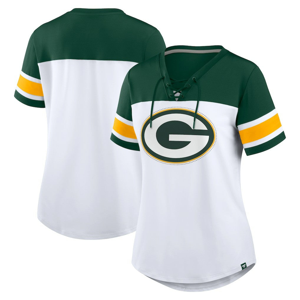 Green Bay Packers Women's Athena Rhinestone Lace-Up V-Neck T-Shirt - White/Green discount