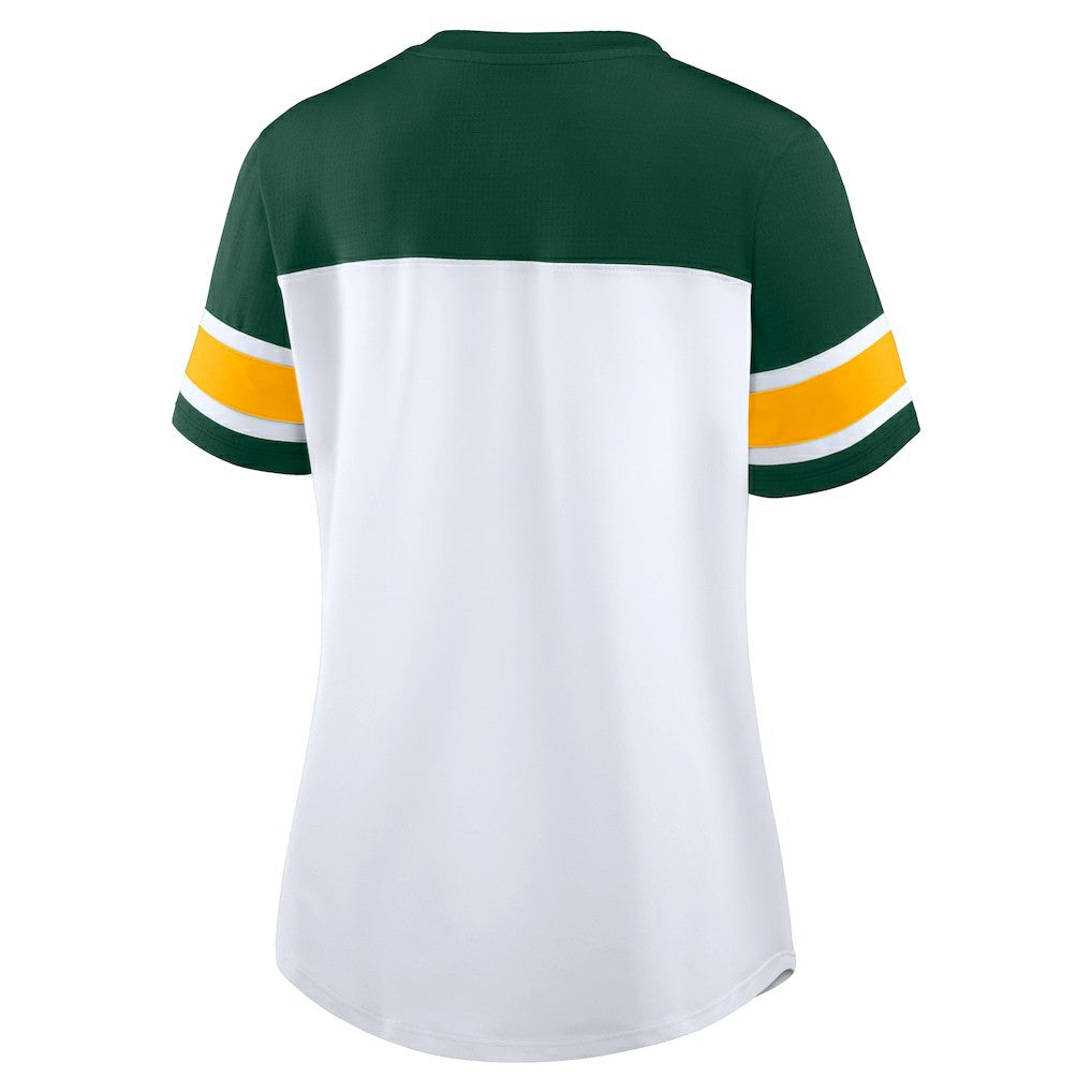 Green Bay Packers Women's Athena Rhinestone Lace-Up V-Neck T-Shirt - White/Green discount