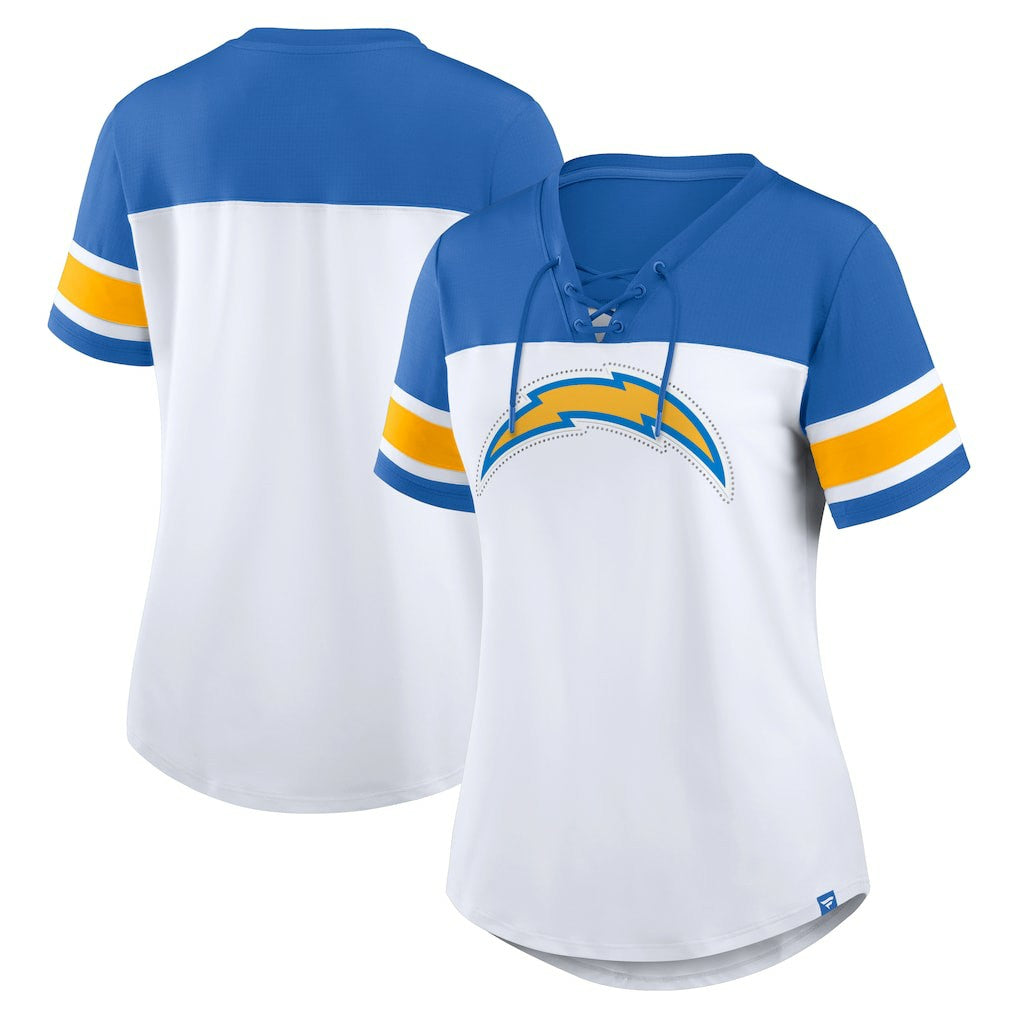 Los Angeles Chargers Women's Athena Rhinestone Lace-Up V-Neck T-Shirt - White/Powder Blue online