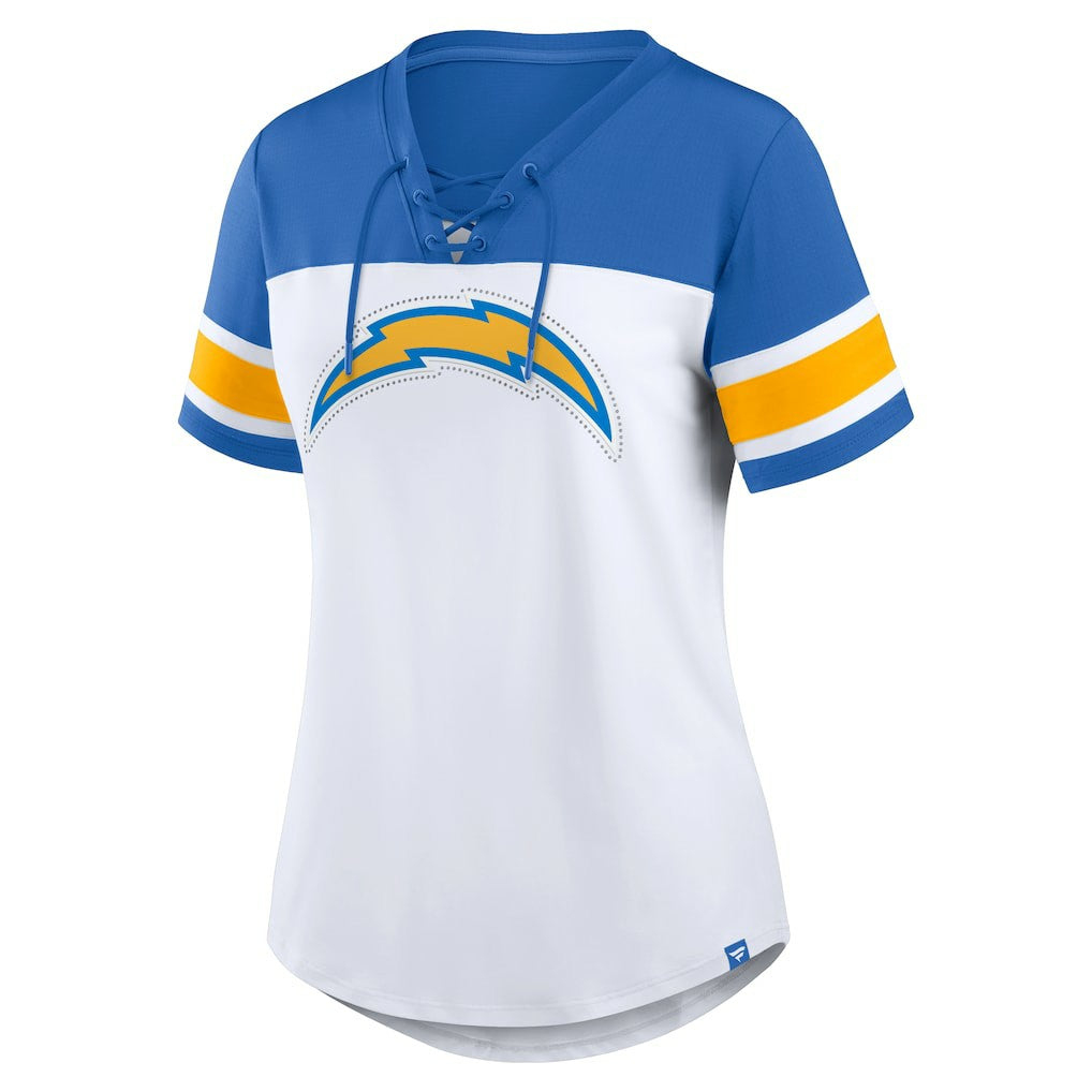 Los Angeles Chargers Women's Athena Rhinestone Lace-Up V-Neck T-Shirt - White/Powder Blue online
