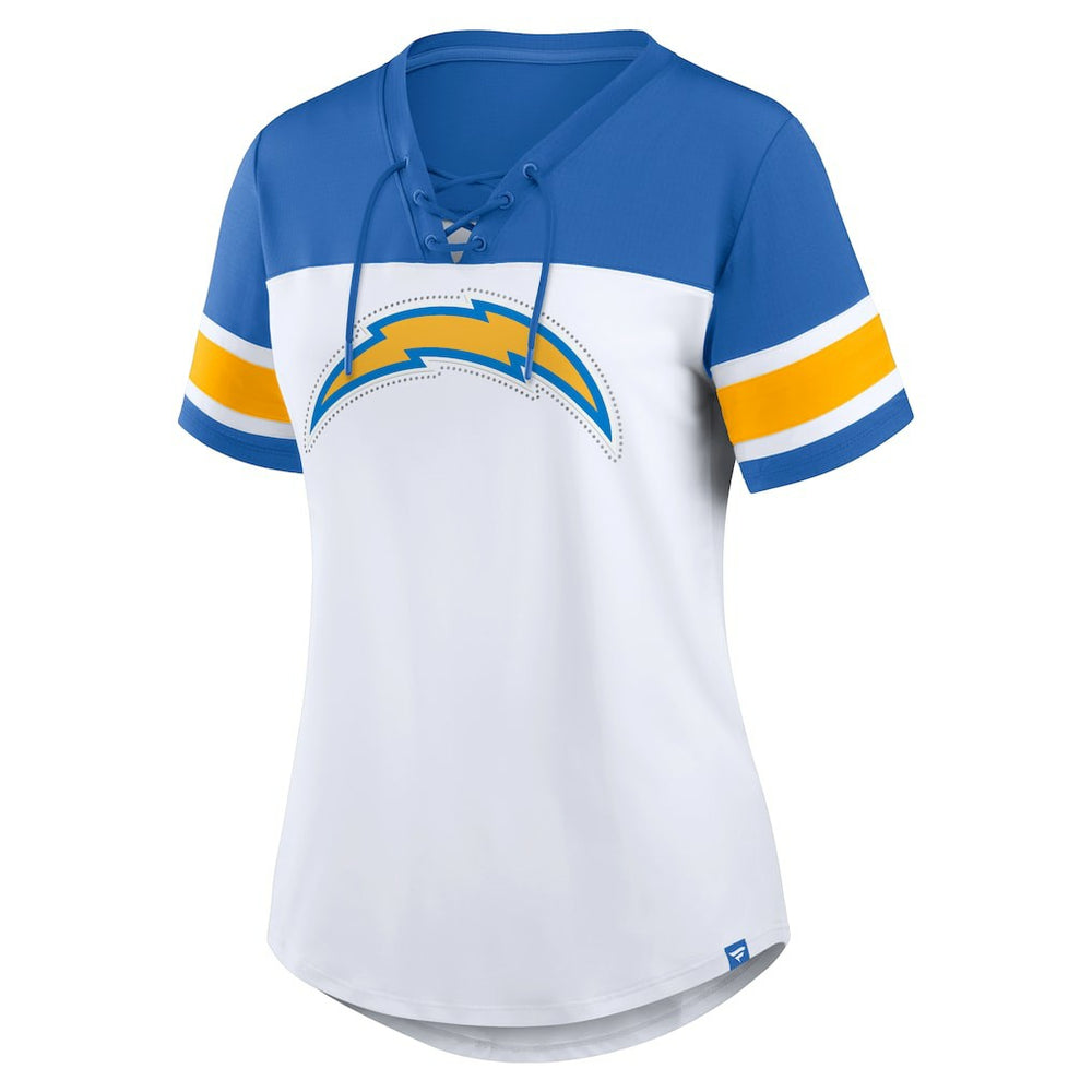 Los Angeles Chargers Women's Athena Rhinestone Lace-Up V-Neck T-Shirt - White/Powder Blue online