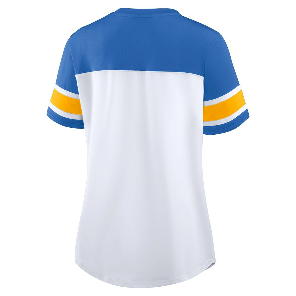 Los Angeles Chargers Women's Athena Rhinestone Lace-Up V-Neck T-Shirt - White/Powder Blue online