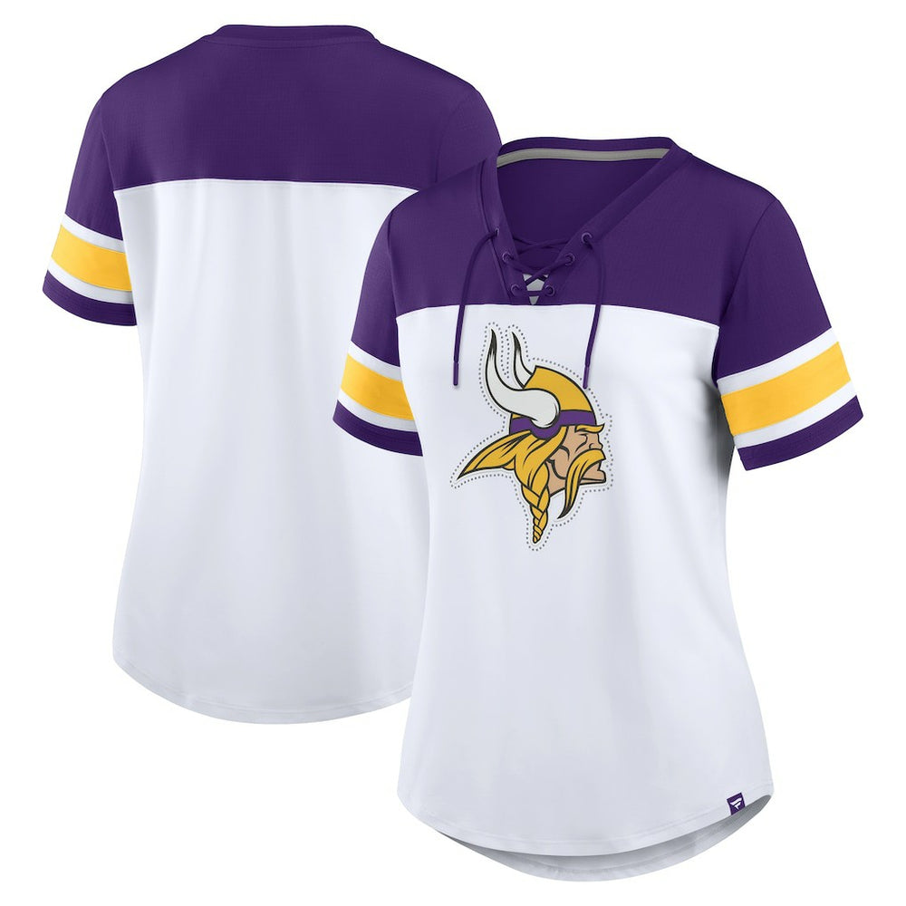 Minnesota Vikings Women's Athena Rhinestone Lace-Up V-Neck T-Shirt - White/Purple sale