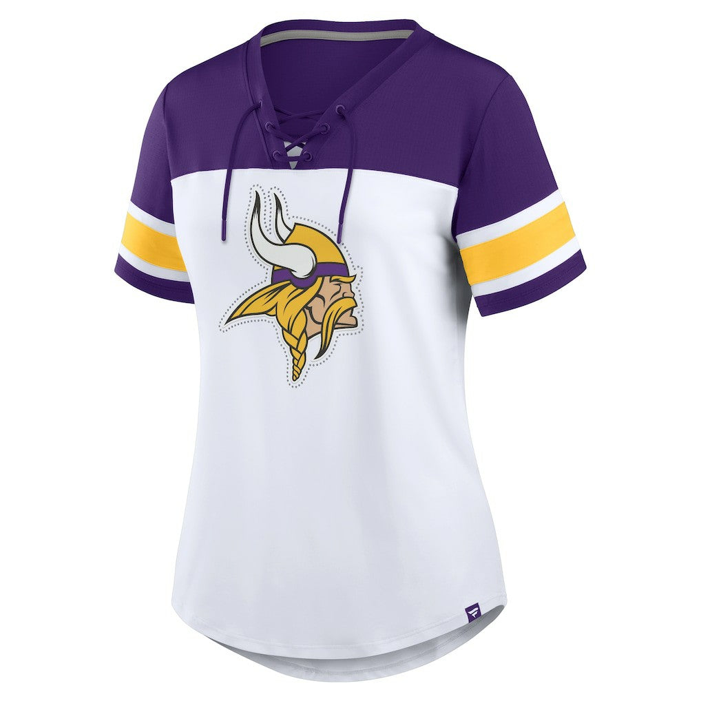 Minnesota Vikings Women's Athena Rhinestone Lace-Up V-Neck T-Shirt - White/Purple sale