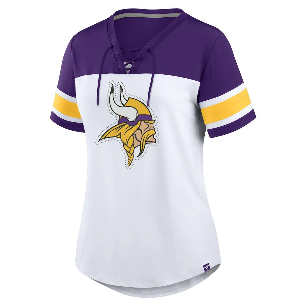 Minnesota Vikings Women's Athena Rhinestone Lace-Up V-Neck T-Shirt - White/Purple sale