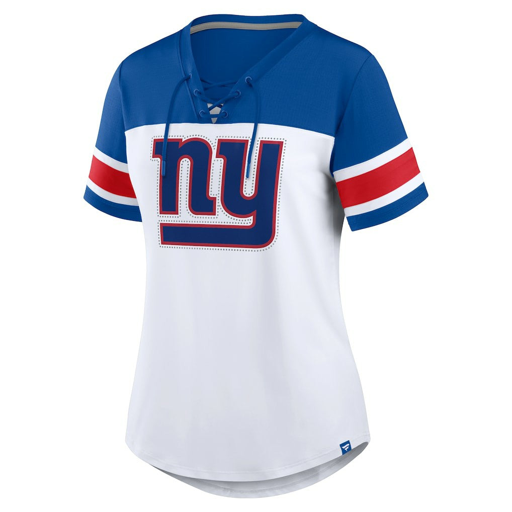 New York Giants Women's Athena Rhinestone Lace-Up V-Neck T-Shirt - White/Royal cheap