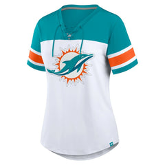 Miami Dolphins Women's Athena Rhinestone Lace-Up V-Neck T-Shirt - White/Aqua discount