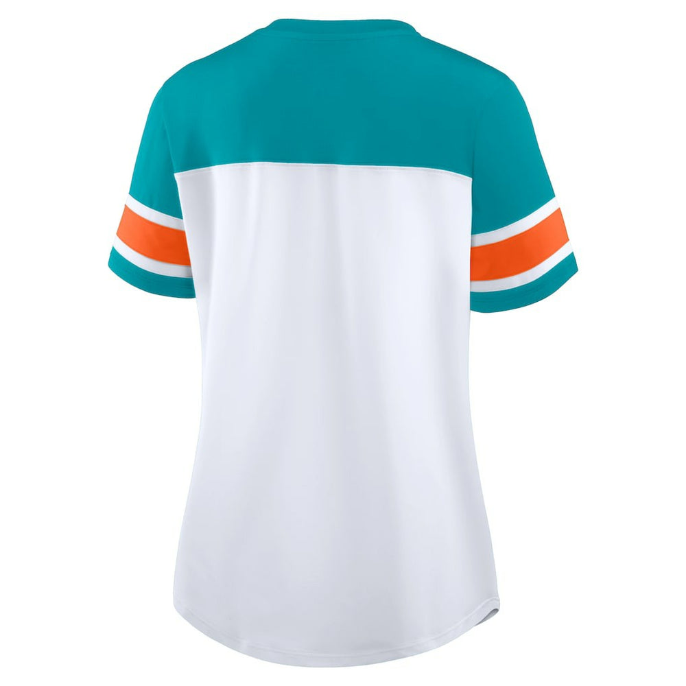 Miami Dolphins Women's Athena Rhinestone Lace-Up V-Neck T-Shirt - White/Aqua discount