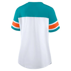 Miami Dolphins Women's Athena Rhinestone Lace-Up V-Neck T-Shirt - White/Aqua discount