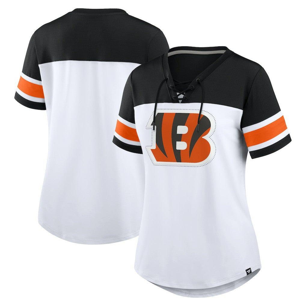 Cincinnati Bengals Women's Athena Rhinestone Lace-Up V-Neck T-Shirt - White/Black for sale