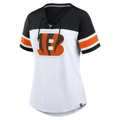 Cincinnati Bengals Women's Athena Rhinestone Lace-Up V-Neck T-Shirt - White/Black for sale