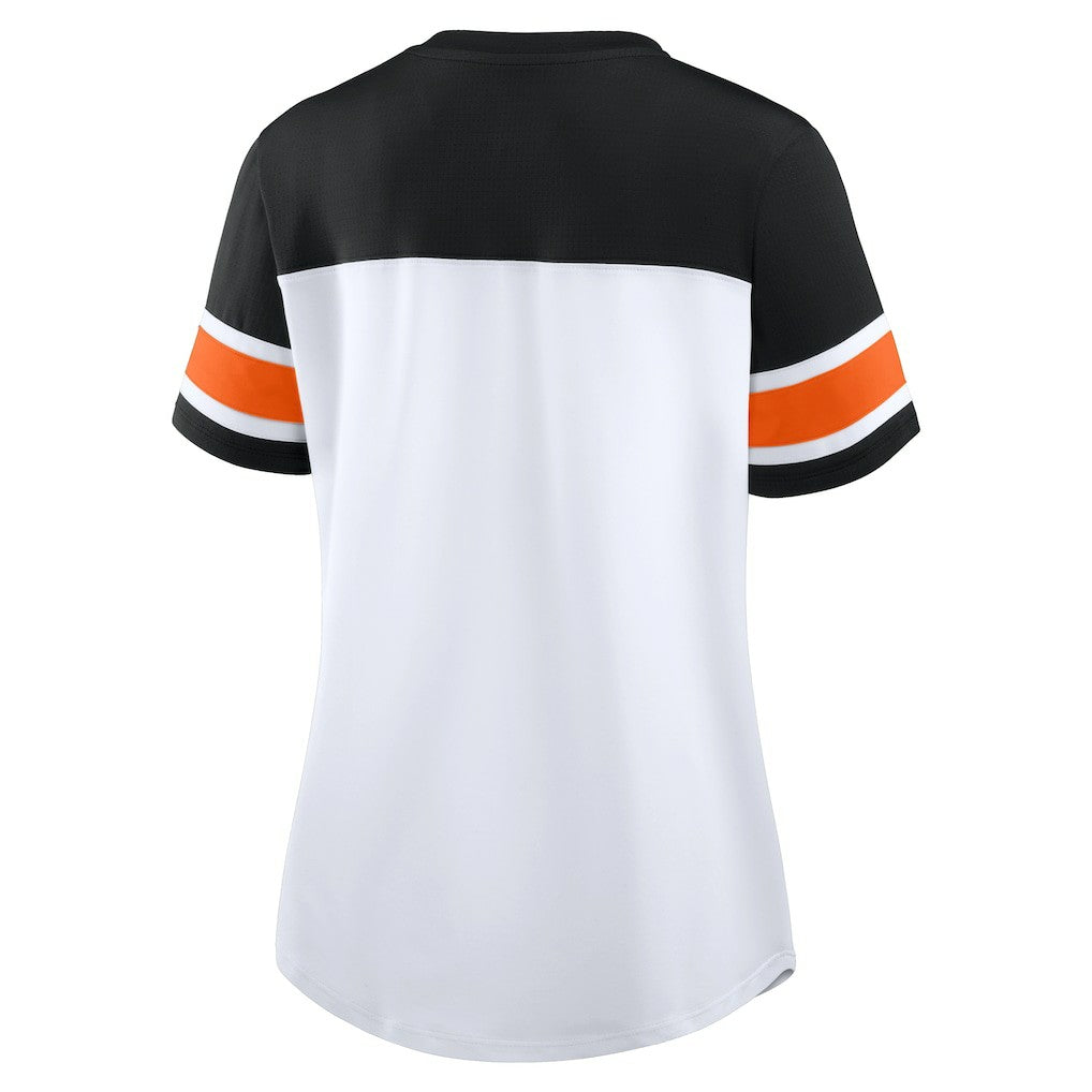 Cincinnati Bengals Women's Athena Rhinestone Lace-Up V-Neck T-Shirt - White/Black for sale
