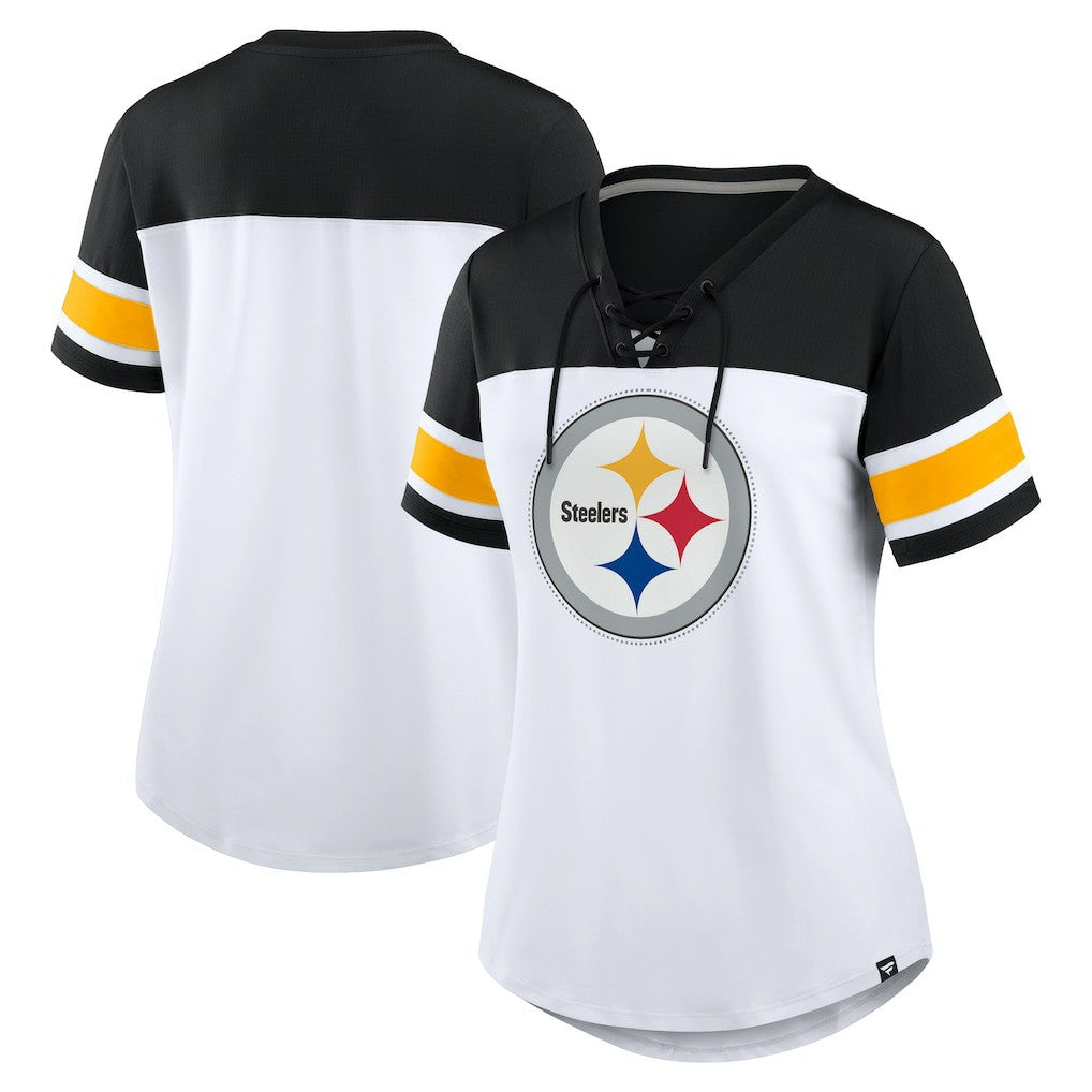 Pittsburgh Steelers Women's Athena Rhinestone Lace-Up V-Neck T-Shirt - White/Black online