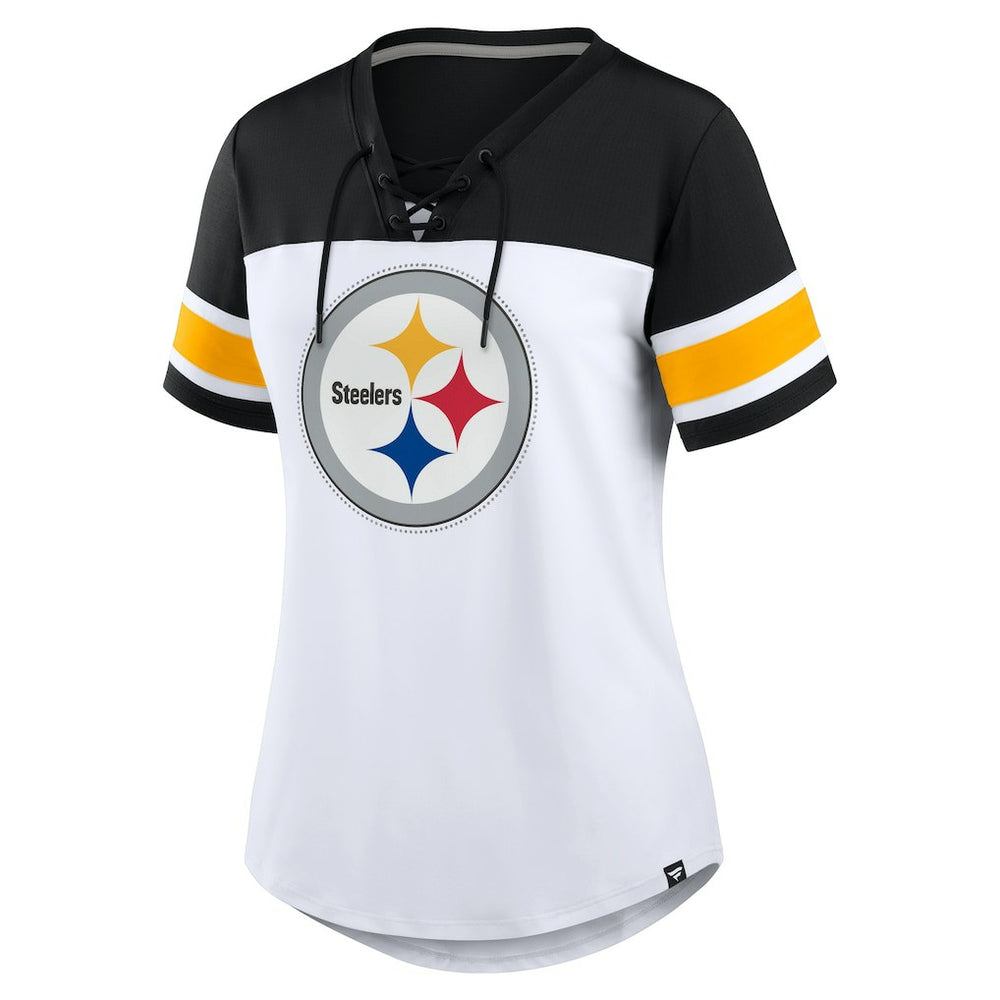 Pittsburgh Steelers Women's Athena Rhinestone Lace-Up V-Neck T-Shirt - White/Black online
