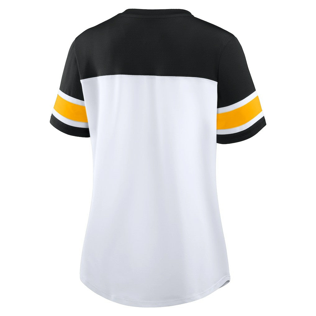 Pittsburgh Steelers Women's Athena Rhinestone Lace-Up V-Neck T-Shirt - White/Black online