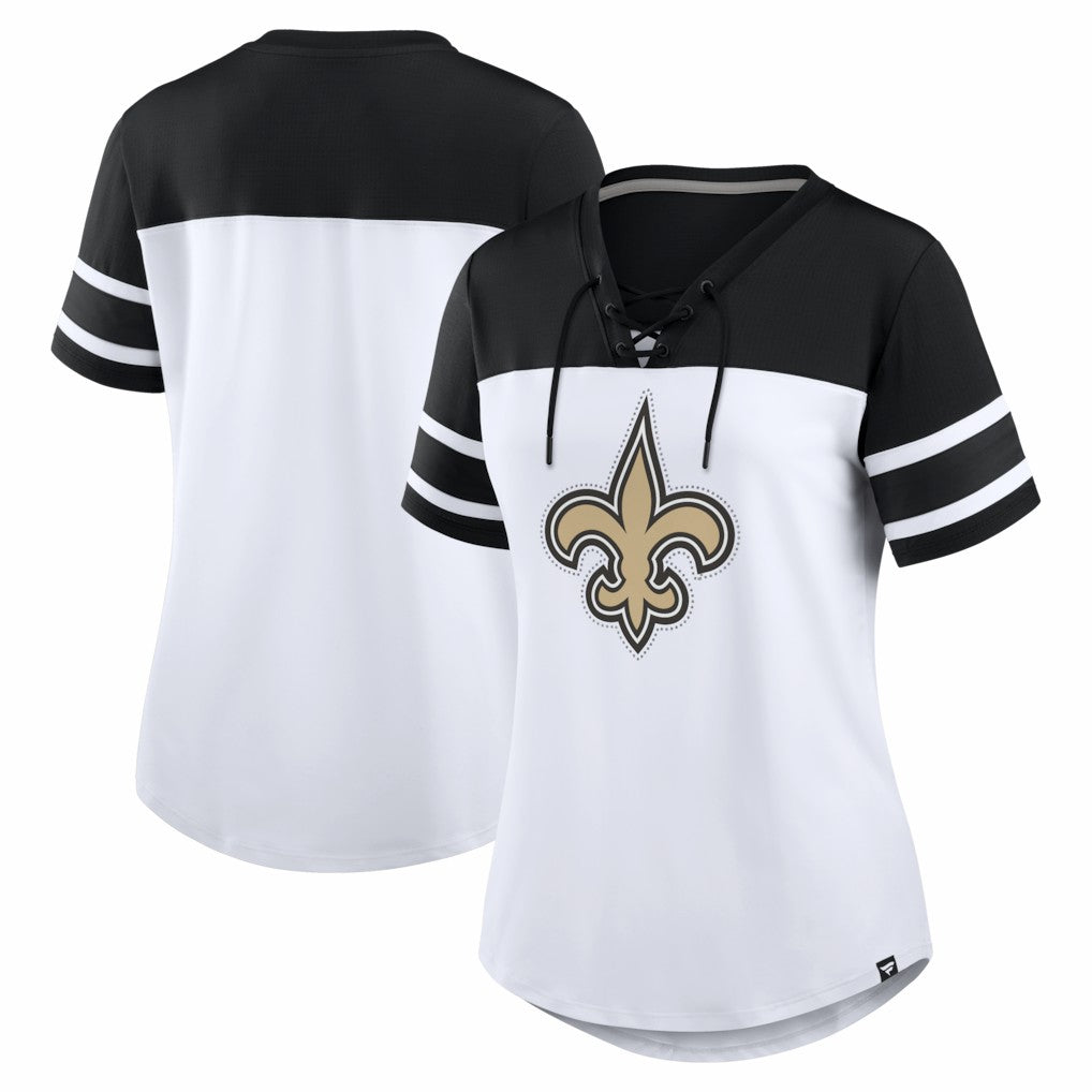 New Orleans Saints Women's Athena Rhinestone Lace-Up V-Neck T-Shirt - White/Black for sale