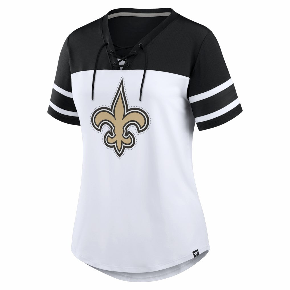 New Orleans Saints Women's Athena Rhinestone Lace-Up V-Neck T-Shirt - White/Black for sale