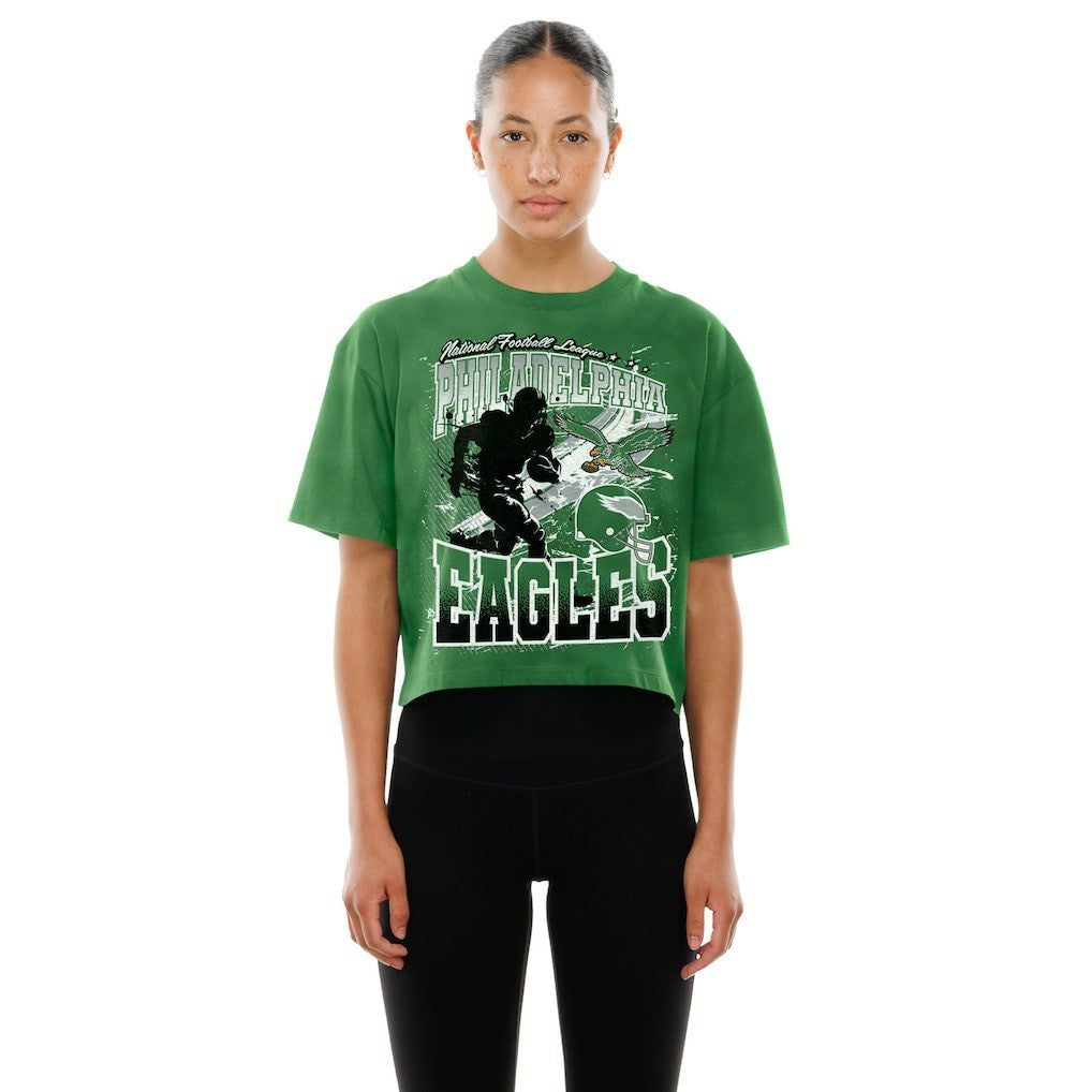 Philadelphia Eagles New Era Women's Cropped Boxy Sport Classics Mineral Wash T-Shirt - Kelly Green on sale