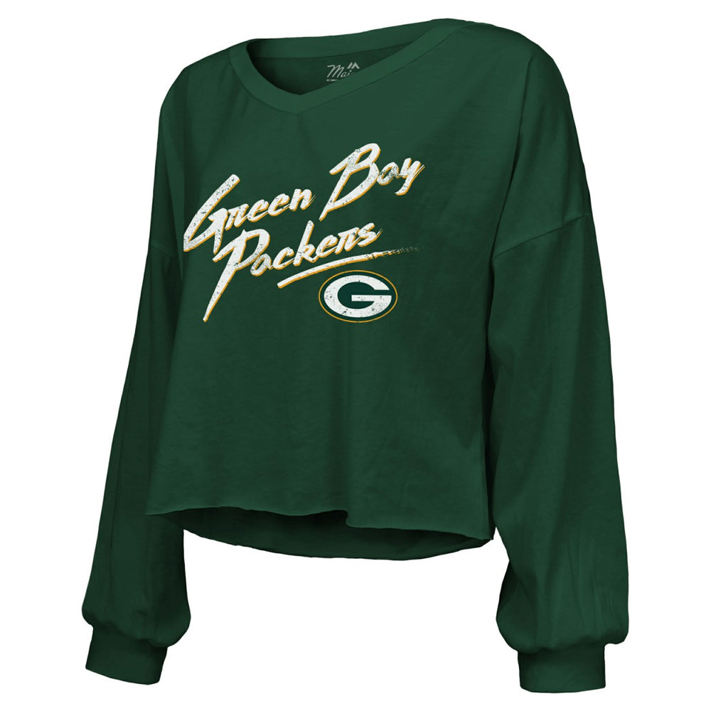 Jordan Love Green Bay Packers Majestic Threads Women's Name & Number Off-Shoulder Script Cropped Long Sleeve Relaxed V-Neck T-Shirt - Green online