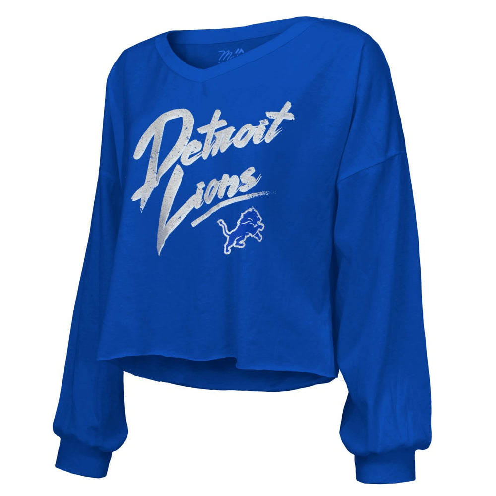 Amon-Ra St. Brown Detroit Lions Majestic Threads Women's Name & Number Off-Shoulder Script Cropped Long Sleeve Relaxed V-Neck T-Shirt - Blue cheap