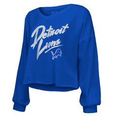 Amon-Ra St. Brown Detroit Lions Majestic Threads Women's Name & Number Off-Shoulder Script Cropped Long Sleeve Relaxed V-Neck T-Shirt - Blue cheap