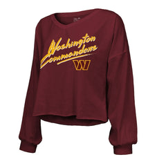 Jayden Daniels Washington Commanders Majestic Threads Women's Name & Number Off-Shoulder Script Cropped Long Sleeve Relaxed V-Neck T-Shirt - Burgundy outlet