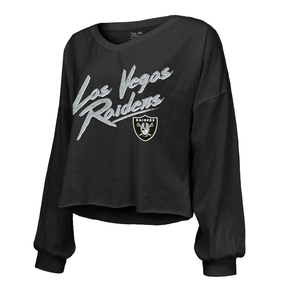 Maxx Crosby Las Vegas Raiders Majestic Threads Women's Name & Number Off-Shoulder Script Cropped Long Sleeve Relaxed V-Neck T-Shirt - Black on sale