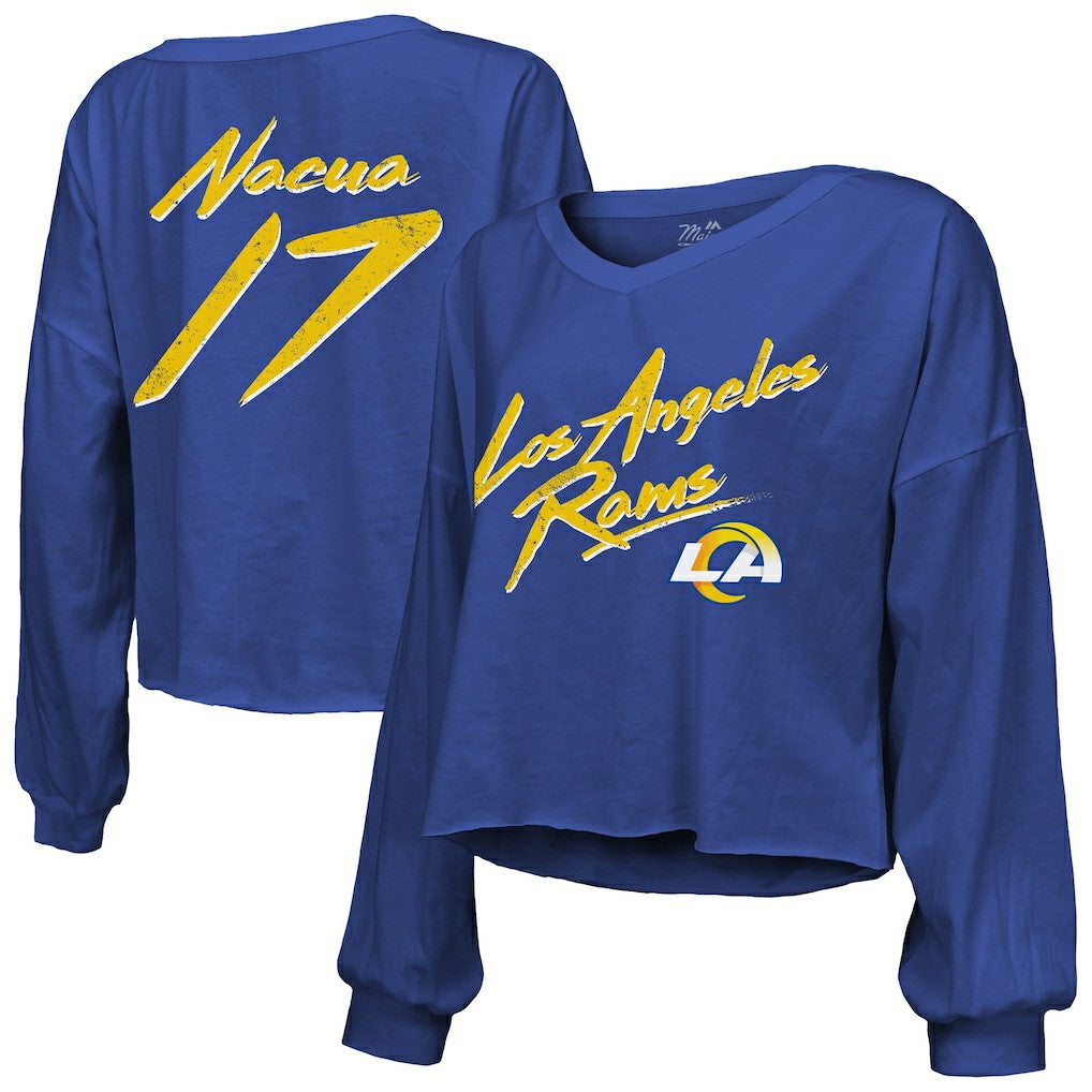 Puka Nacua Los Angeles Rams Majestic Threads Women's Off-Shoulder Script Player Name & Number Cropped Long Sleeve V-Neck T-Shirt - Royal outlet